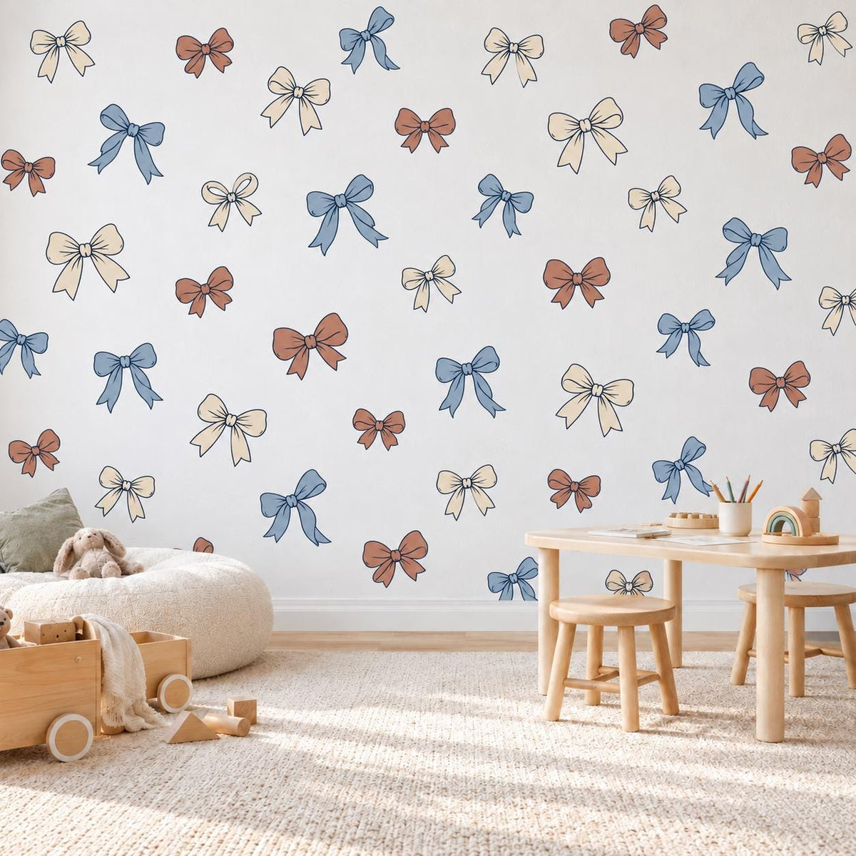 Bow Wall Stickers, Ribbon Nursery Decor, Blue Rust Cream Bow Wall Decals, Coquette Girls Kids Room Boho Peel and Stick Wall Art