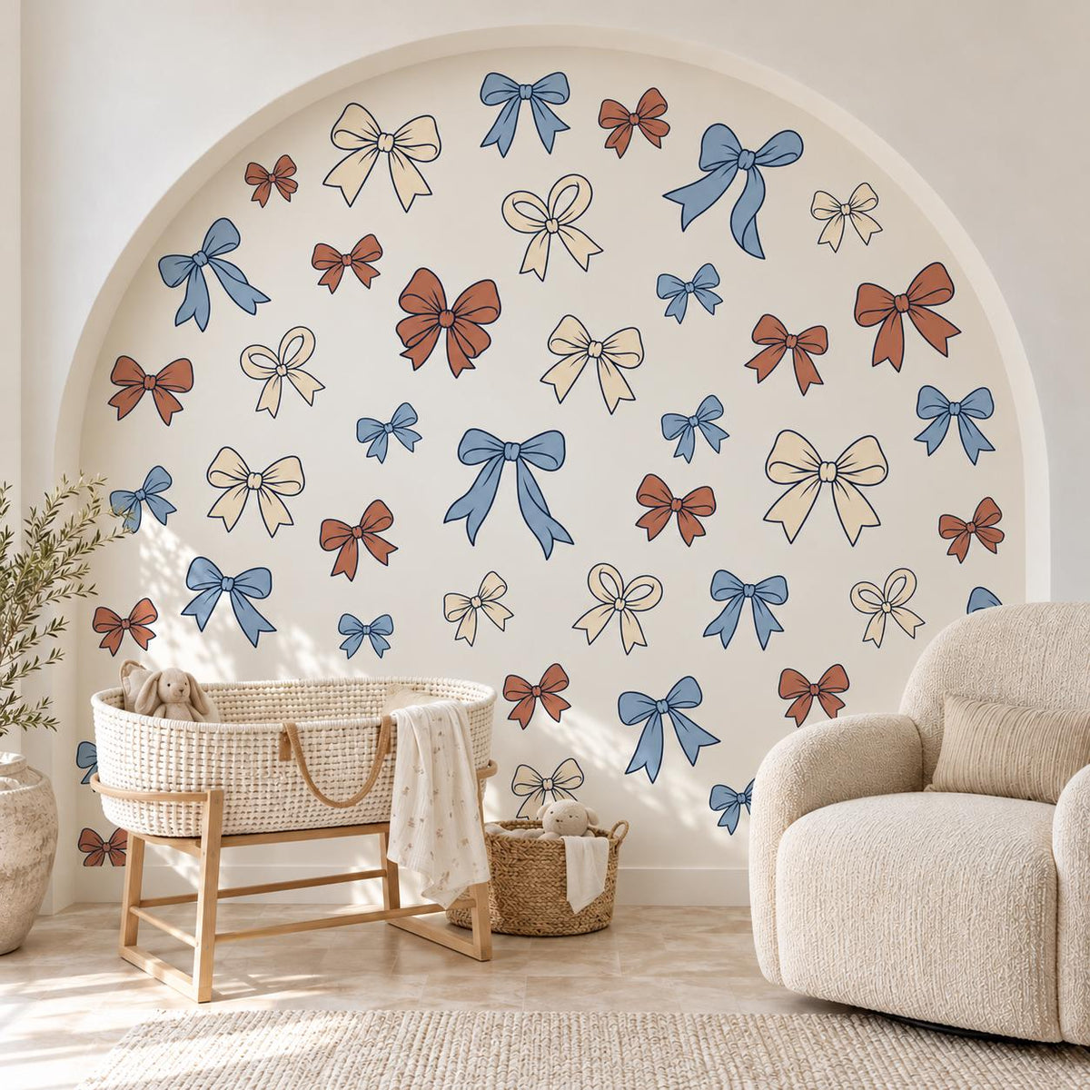 Bow Wall Stickers, Ribbon Nursery Decor, Blue Rust Cream Bow Wall Decals, Coquette Girls Kids Room Boho Peel and Stick Wall Art