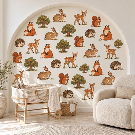 Woodland Animal Wall Stickers, Fox Deer Bunny Nursery Decor, Forest Hedgehog Squirrel Wall Decals, Kids Room Peel and Stick Wall Art