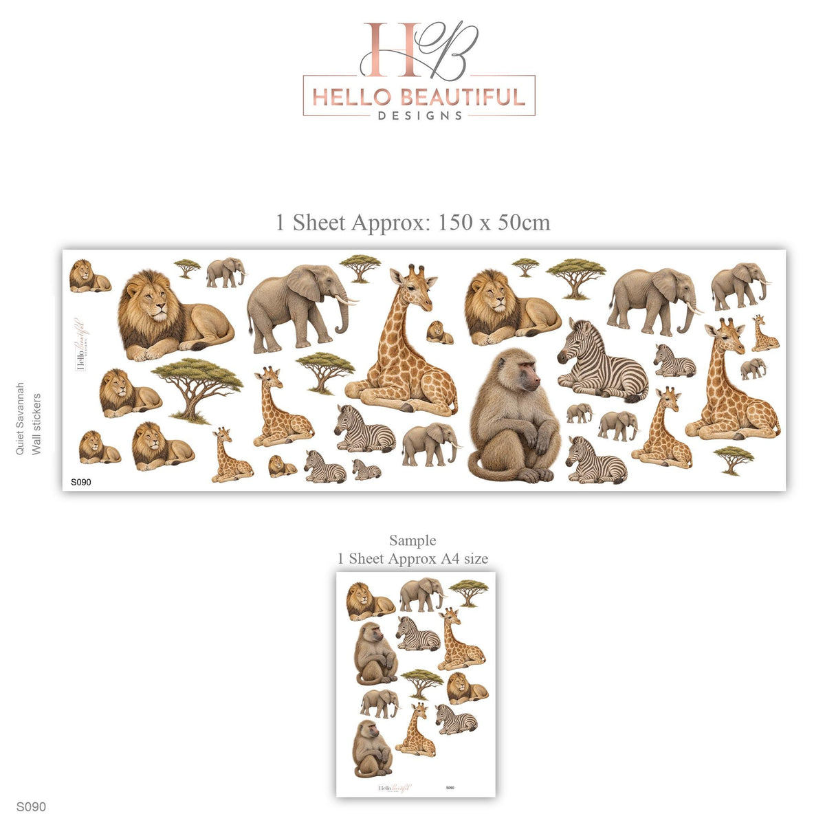 Safari Wall Stickers, Jungle Animal Nursery Decor, Giraffe Elephant Lion Zebra Wall Decals, Neutral Kids Room Peel and Stick Wall Art