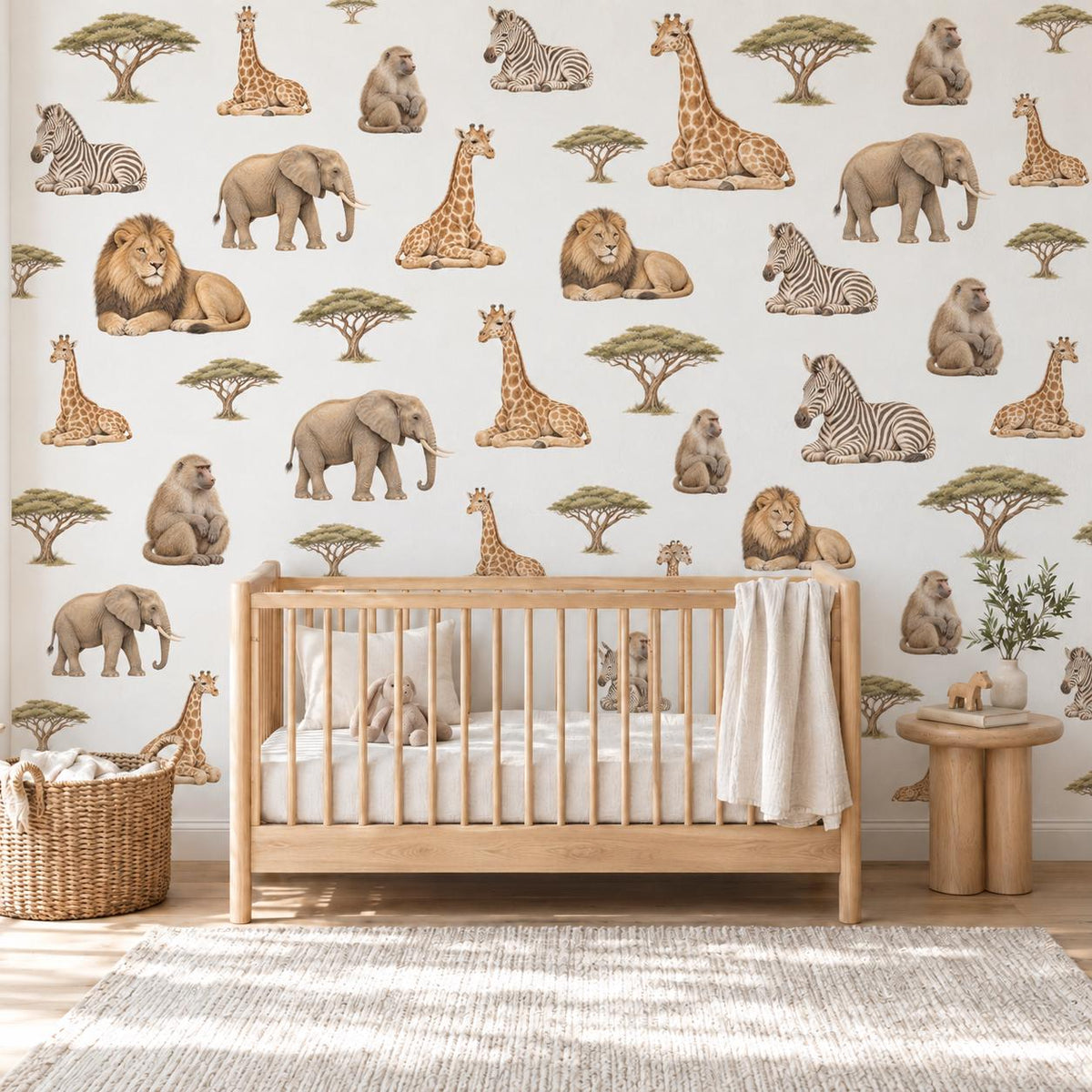 Safari Wall Stickers, Jungle Animal Nursery Decor, Giraffe Elephant Lion Zebra Wall Decals, Neutral Kids Room Peel and Stick Wall Art
