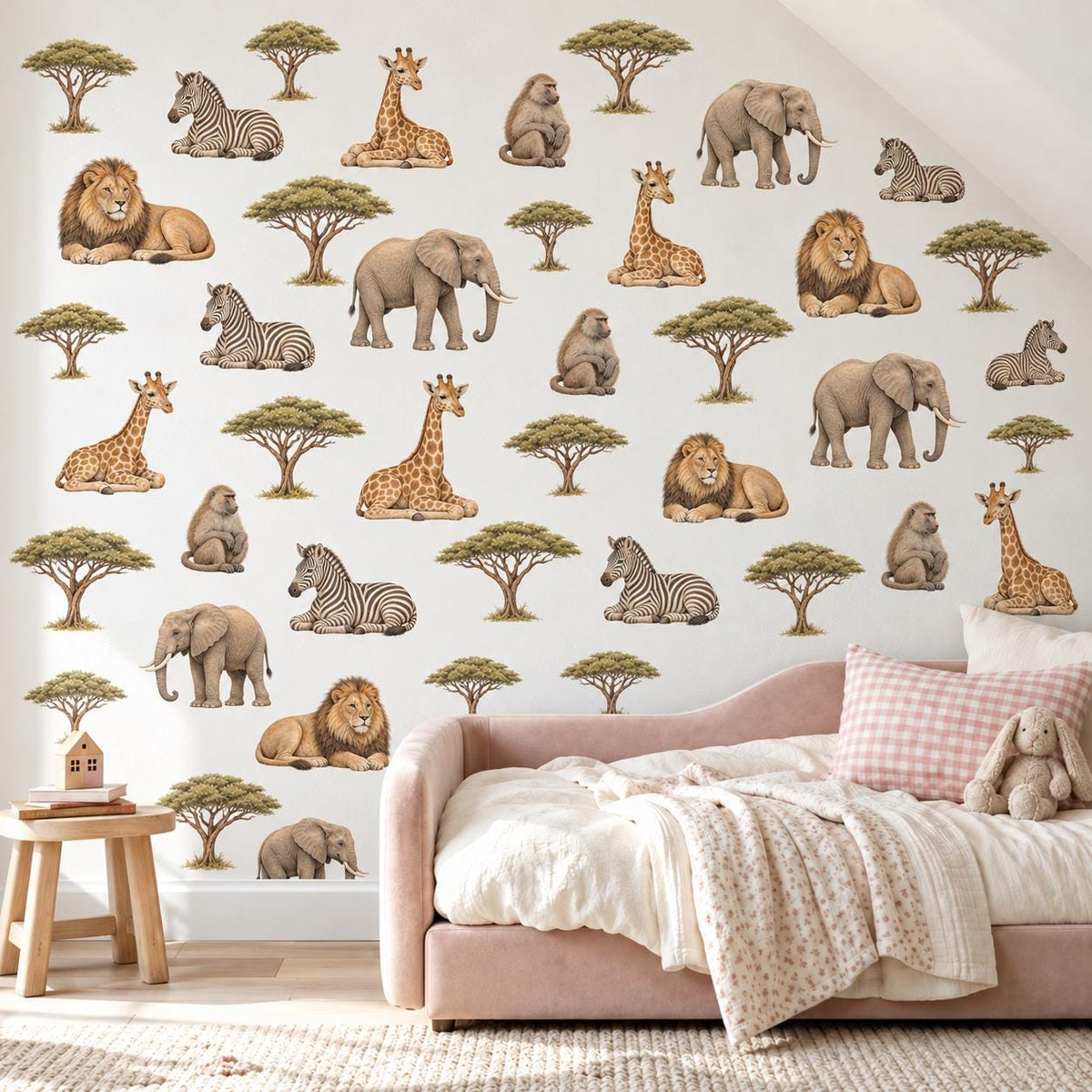Safari Wall Stickers, Jungle Animal Nursery Decor, Giraffe Elephant Lion Zebra Wall Decals, Neutral Kids Room Peel and Stick Wall Art
