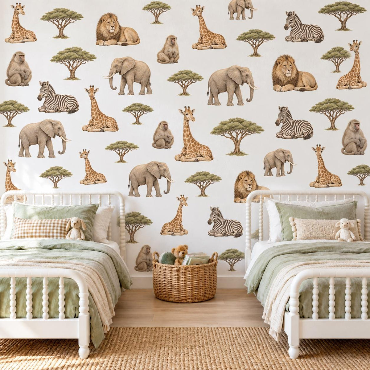 Safari Wall Stickers, Jungle Animal Nursery Decor, Giraffe Elephant Lion Zebra Wall Decals, Neutral Kids Room Peel and Stick Wall Art