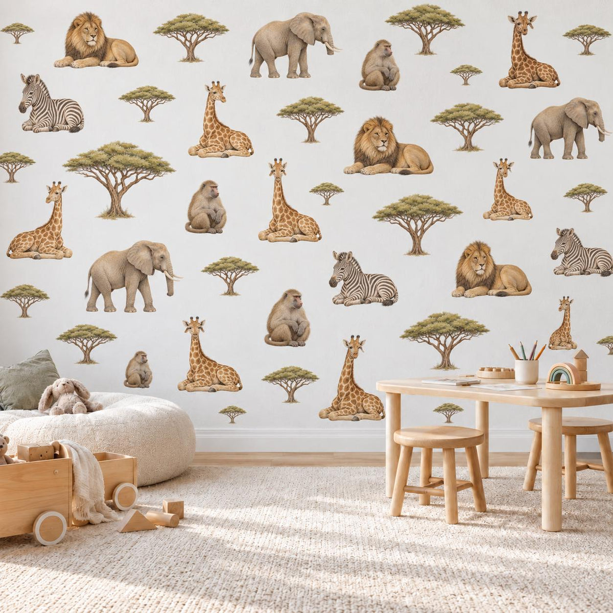 Safari Wall Stickers, Jungle Animal Nursery Decor, Giraffe Elephant Lion Zebra Wall Decals, Neutral Kids Room Peel and Stick Wall Art