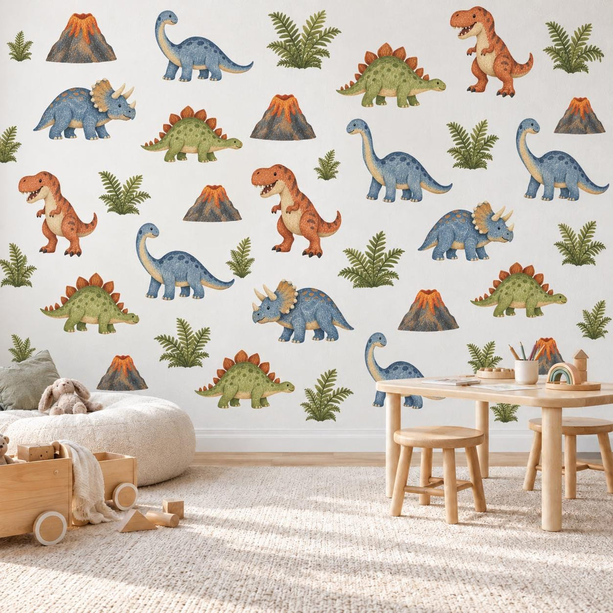Dinosaur Wall Stickers, Dino Nursery Decor, T Rex Triceratops Volcano Wall Decals, Boys Kids Room Jurassic Peel and Stick Wall Art