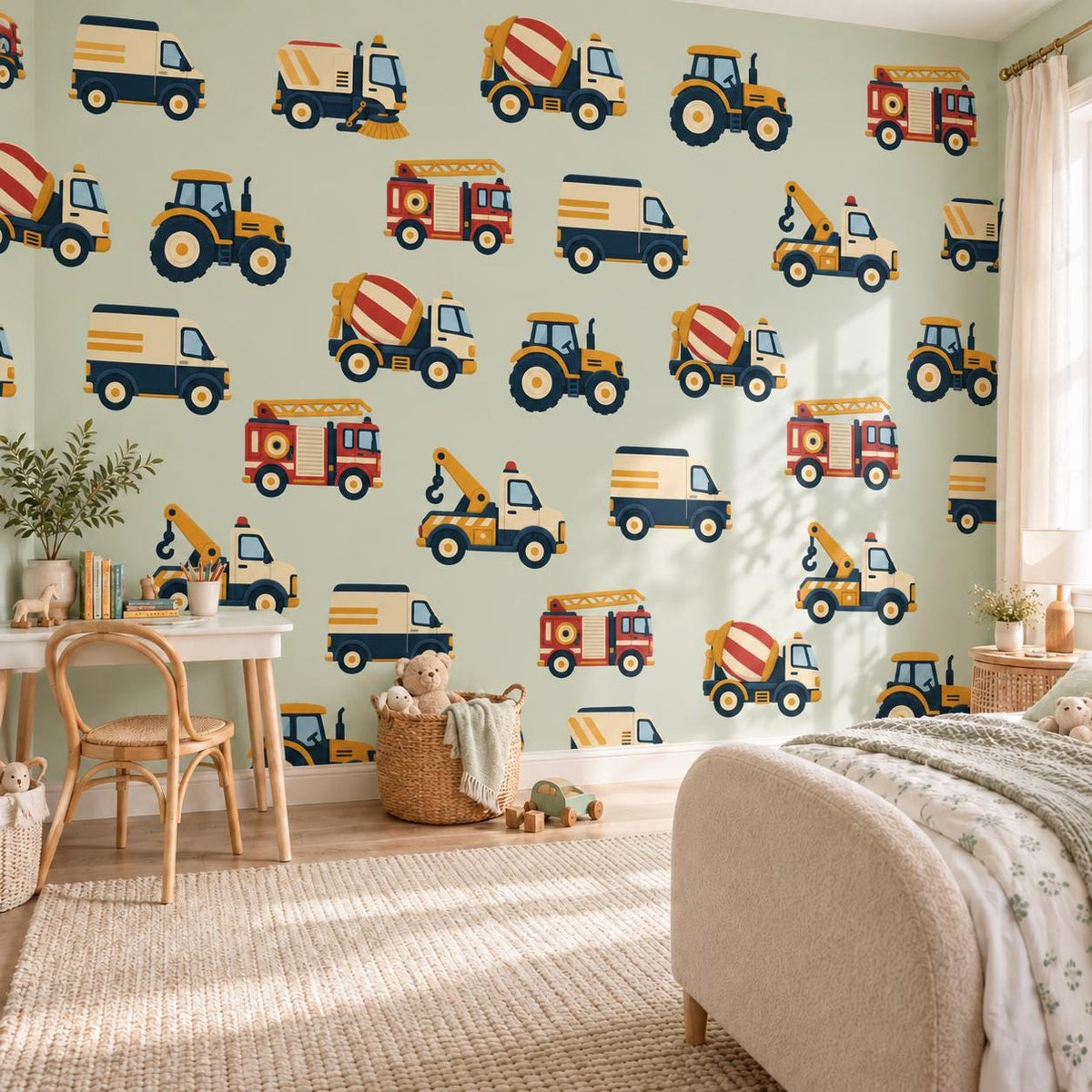 Truck Wall Stickers, Vehicle Nursery Decor, Fire Engine Tractor Tow Truck Wall Decals, Boys Kids Room Transport Peel and Stick Wall Art