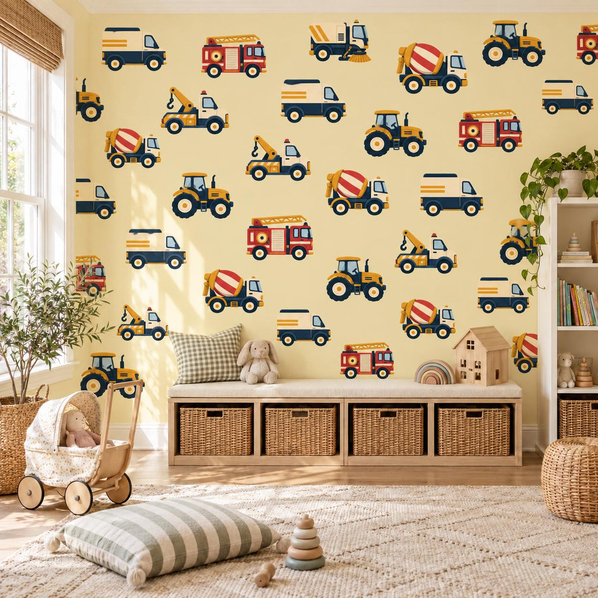 Truck Wall Stickers, Vehicle Nursery Decor, Fire Engine Tractor Tow Truck Wall Decals, Boys Kids Room Transport Peel and Stick Wall Art
