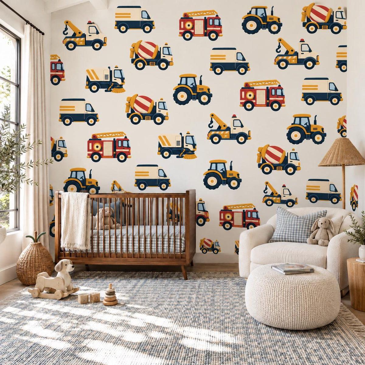 Truck Wall Stickers, Vehicle Nursery Decor, Fire Engine Tractor Tow Truck Wall Decals, Boys Kids Room Transport Peel and Stick Wall Art