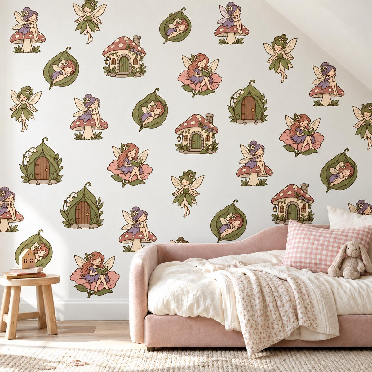 Garden Fairy Wall Stickers, Sage Mauve Fairy Nursery Decor, Toadstool Fairy House Wall Decals, Girls Room Woodland Peel and Stick Wall Art