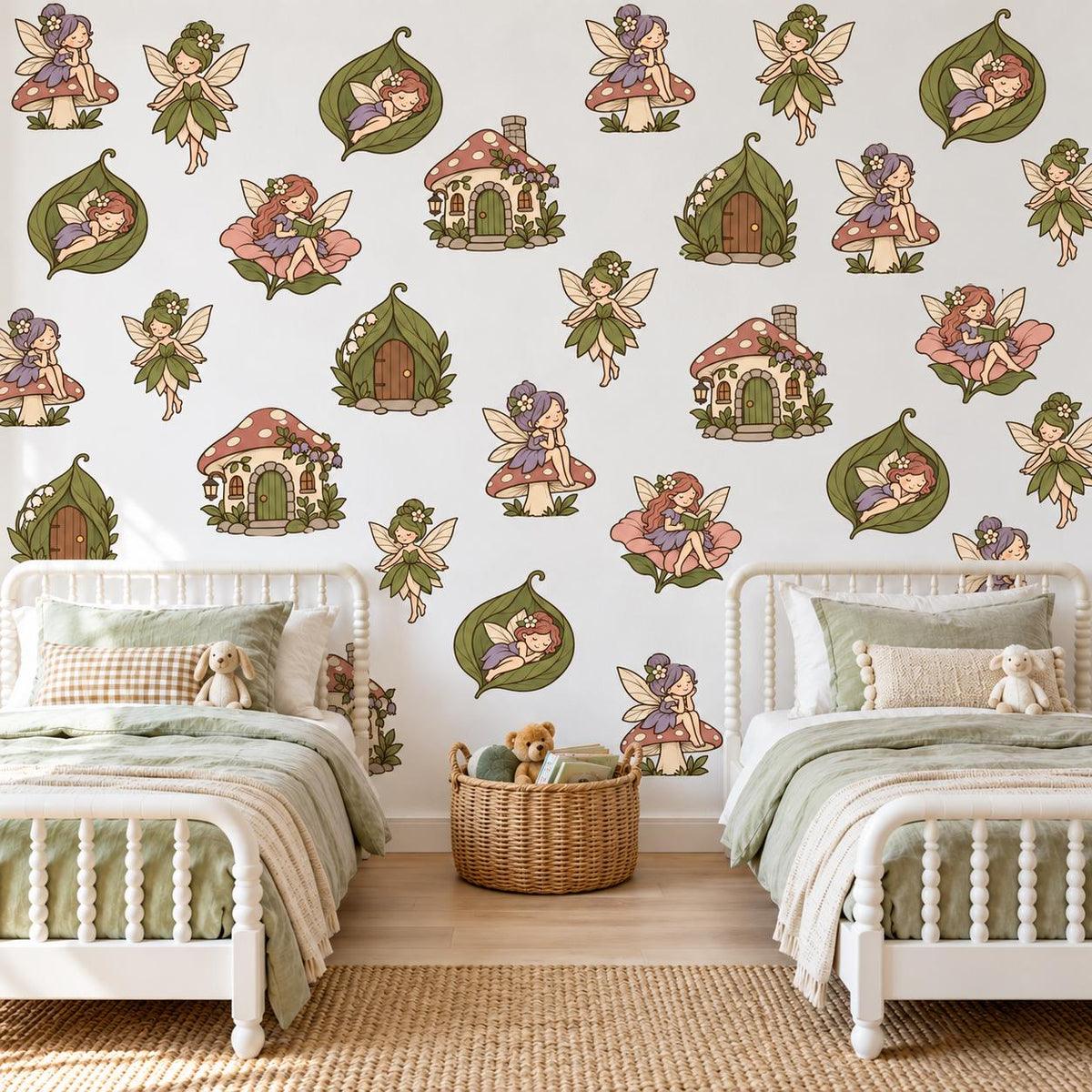 Garden Fairy Wall Stickers, Sage Mauve Fairy Nursery Decor, Toadstool Fairy House Wall Decals, Girls Room Woodland Peel and Stick Wall Art