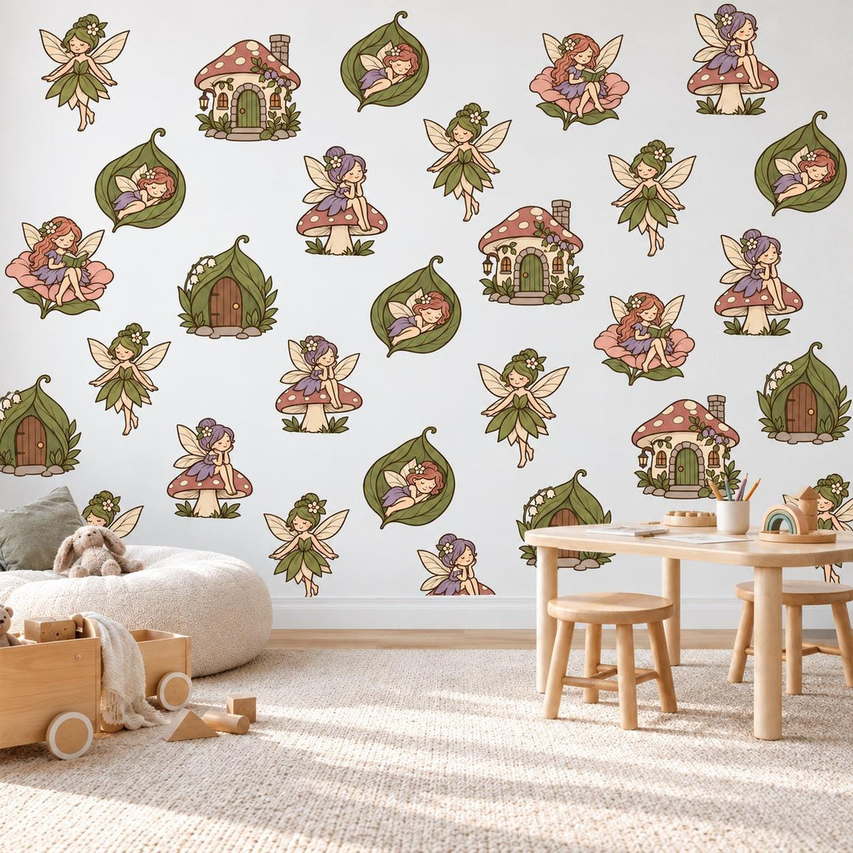 Garden Fairy Wall Stickers, Sage Mauve Fairy Nursery Decor, Toadstool Fairy House Wall Decals, Girls Room Woodland Peel and Stick Wall Art