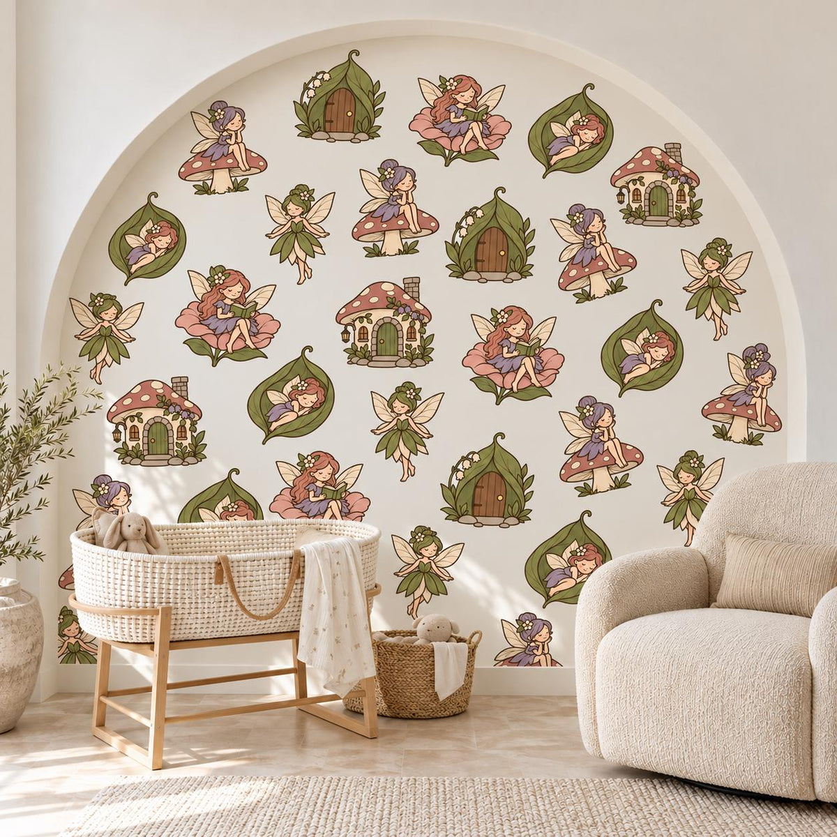 Garden Fairy Wall Stickers, Sage Mauve Fairy Nursery Decor, Toadstool Fairy House Wall Decals, Girls Room Woodland Peel and Stick Wall Art