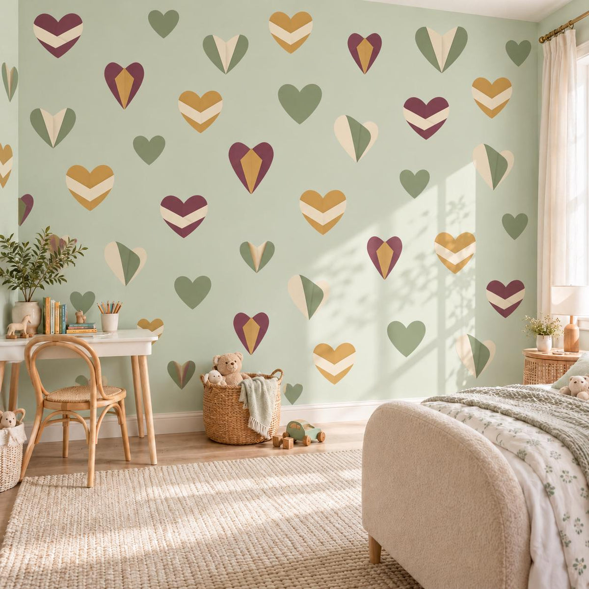 Heart Wall Stickers, Burgundy Sage Mustard Nursery Decor, Geometric Folded Heart Wall Decals, Boho Kids Room Peel and Stick Wall Art