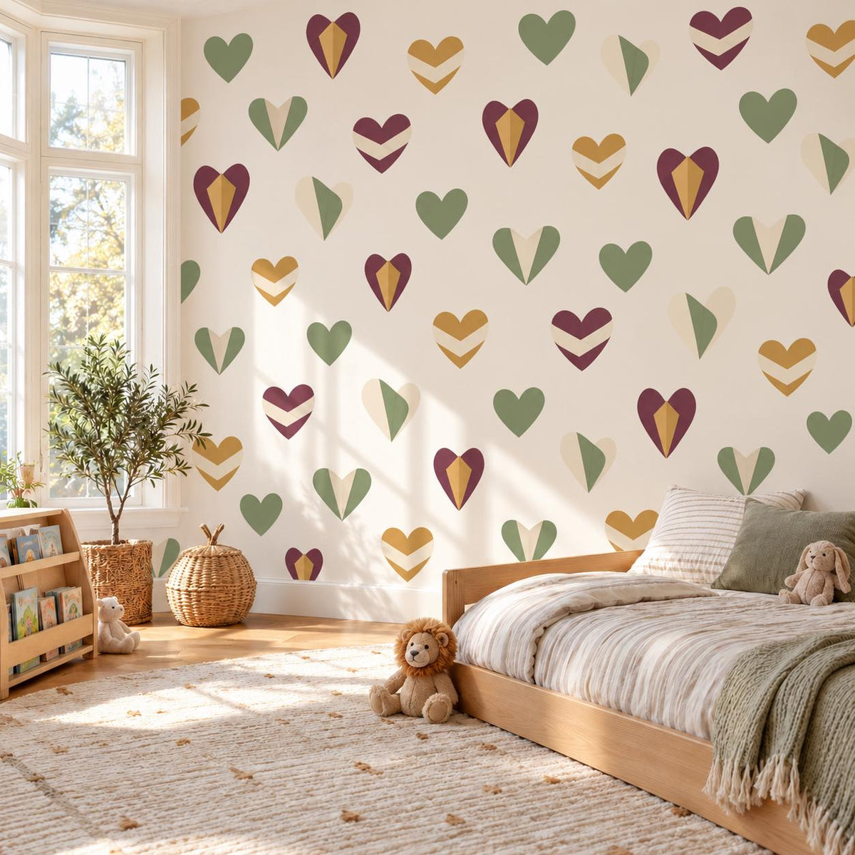 Heart Wall Stickers, Burgundy Sage Mustard Nursery Decor, Geometric Folded Heart Wall Decals, Boho Kids Room Peel and Stick Wall Art