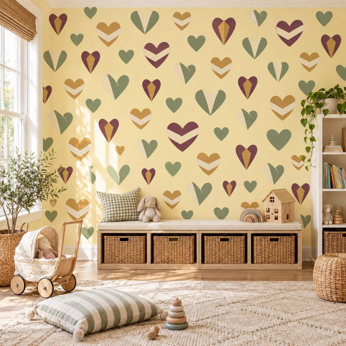 Heart Wall Stickers, Burgundy Sage Mustard Nursery Decor, Geometric Folded Heart Wall Decals, Boho Kids Room Peel and Stick Wall Art