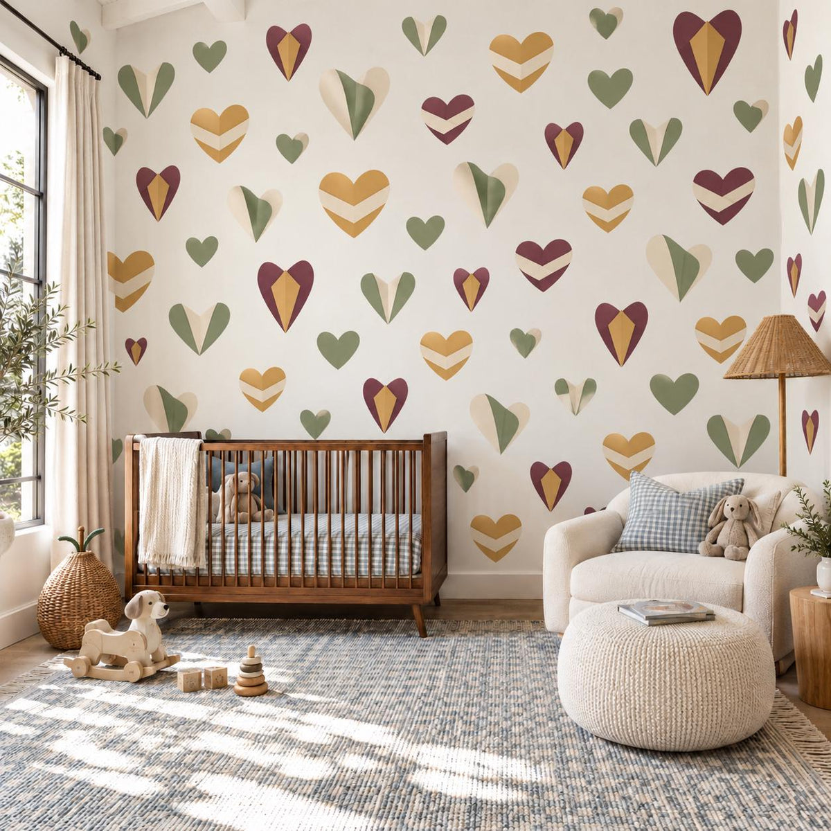 Heart Wall Stickers, Burgundy Sage Mustard Nursery Decor, Geometric Folded Heart Wall Decals, Boho Kids Room Peel and Stick Wall Art