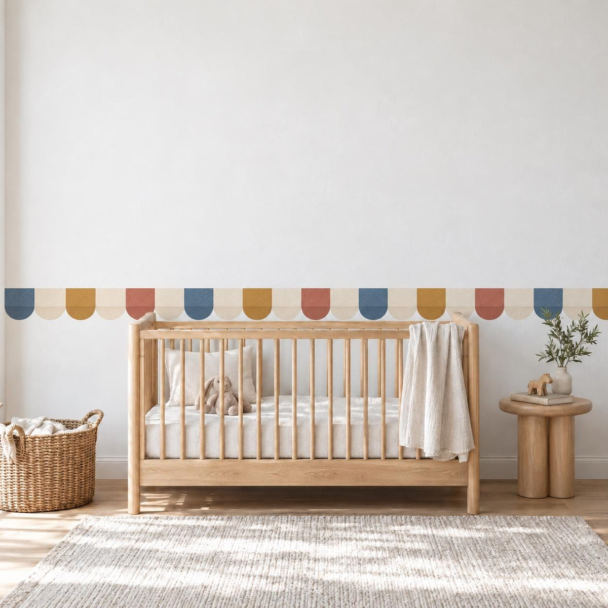 Scallop Wall Border Stickers, Rainbow Arch Nursery Decor, Blue Rust Mustard Wall Decals, Kids Room Playroom Border Peel and Stick Wall Trim