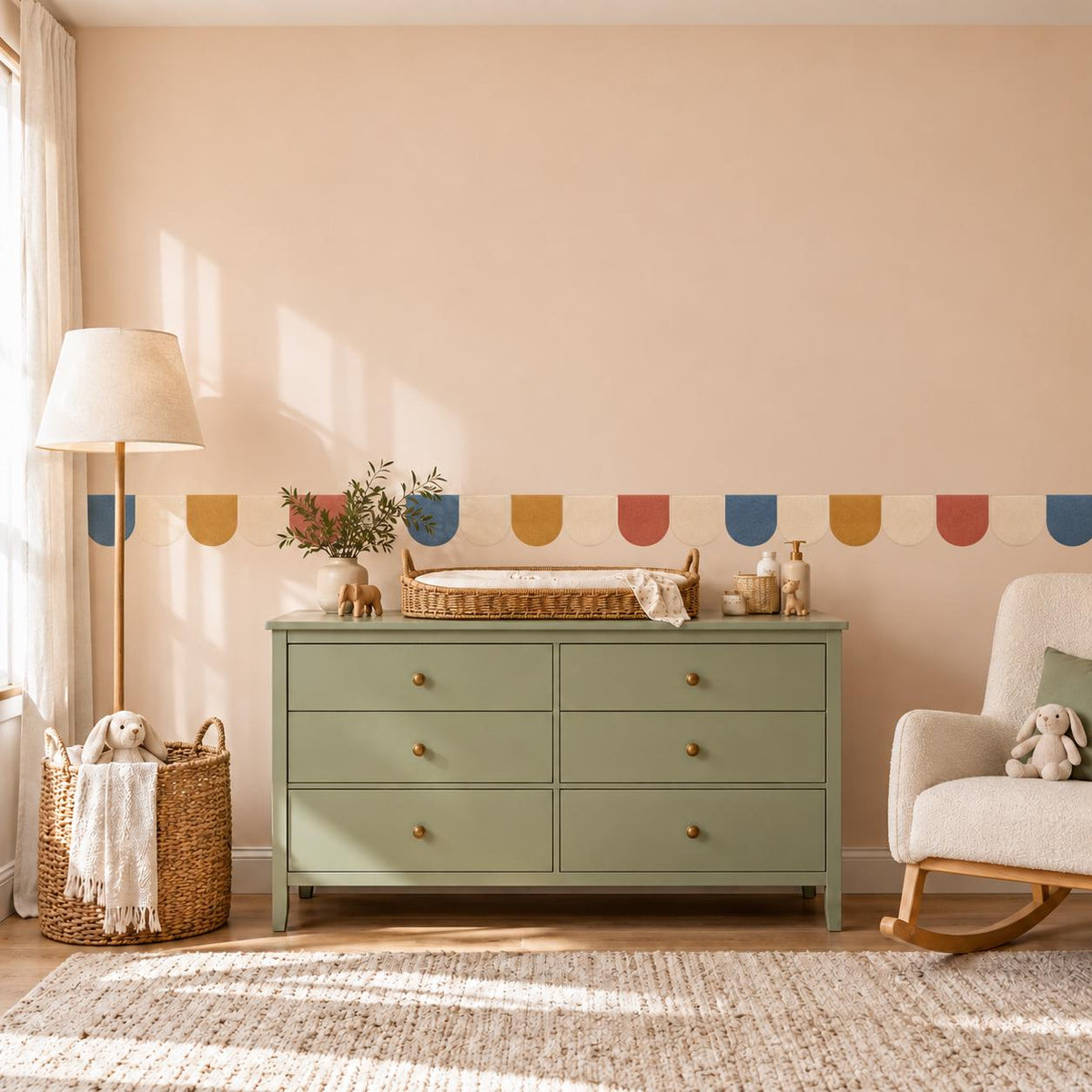 Scallop Wall Border Stickers, Rainbow Arch Nursery Decor, Blue Rust Mustard Wall Decals, Kids Room Playroom Border Peel and Stick Wall Trim