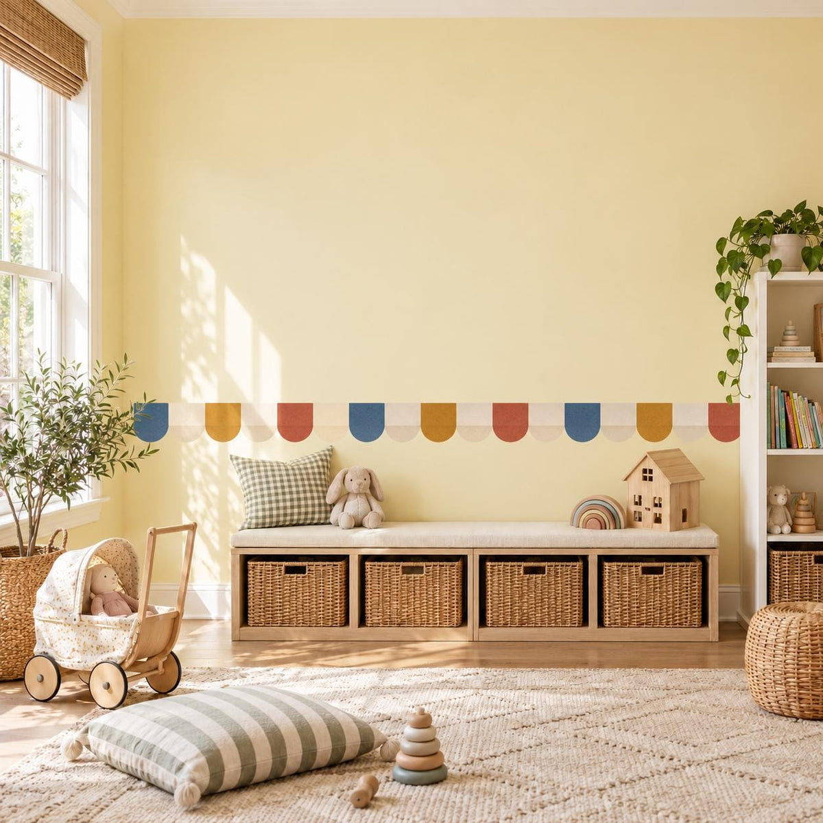 Scallop Wall Border Stickers, Rainbow Arch Nursery Decor, Blue Rust Mustard Wall Decals, Kids Room Playroom Border Peel and Stick Wall Trim