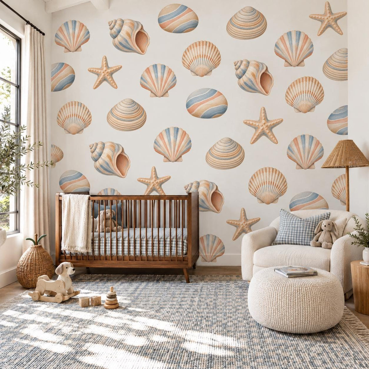 Seashell Wall Stickers, Beach Nursery Decor, Shell Starfish Wall Decals, Coastal Ocean Kids Room Pastel Peel and Stick Wall Art