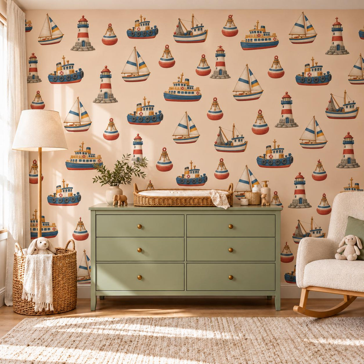 Boat Wall Stickers, Nautical Nursery Decor, Lighthouse Sailboat Tugboat Wall Decals, Boys Kids Room Harbour Peel and Stick Wall Art
