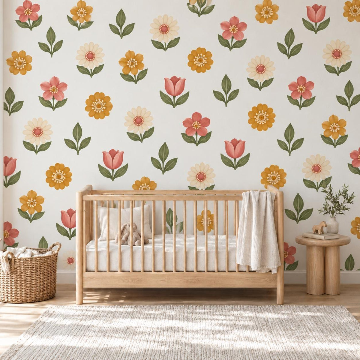 Flower Wall Stickers, Folk Floral Nursery Decor, Pink Mustard Daisy Wall Decals, Boho Girls Kids Room Retro Peel and Stick Wall Art