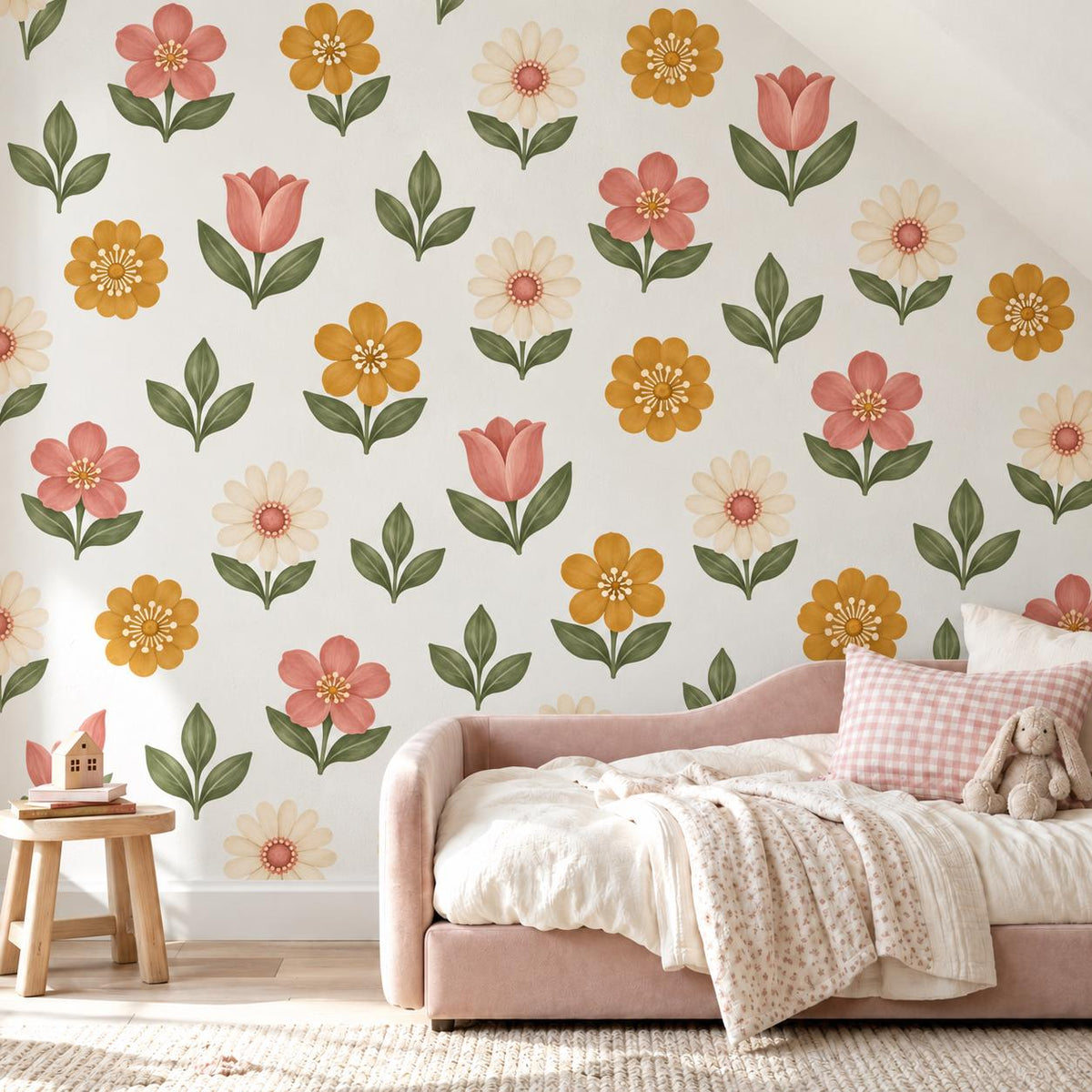 Flower Wall Stickers, Folk Floral Nursery Decor, Pink Mustard Daisy Wall Decals, Boho Girls Kids Room Retro Peel and Stick Wall Art