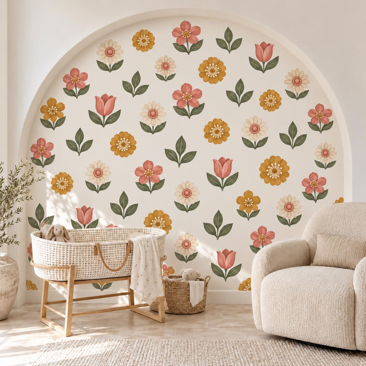 Flower Wall Stickers, Folk Floral Nursery Decor, Pink Mustard Daisy Wall Decals, Boho Girls Kids Room Retro Peel and Stick Wall Art