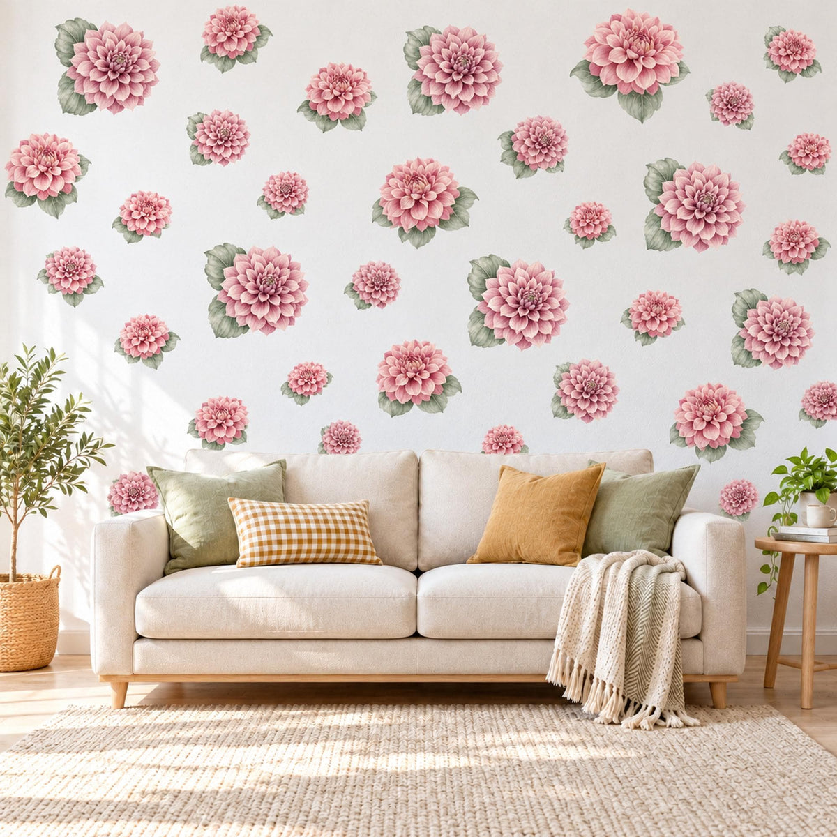 Dahlia Wall Stickers, Floral Nursery Decor, Mauve Flower Wall Decals, Dusty Rose Sage Girls Kids Room Peel and Stick Wall Art