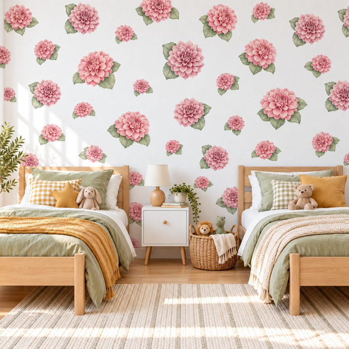 Dahlia Wall Stickers, Floral Nursery Decor, Mauve Flower Wall Decals, Dusty Rose Sage Girls Kids Room Peel and Stick Wall Art
