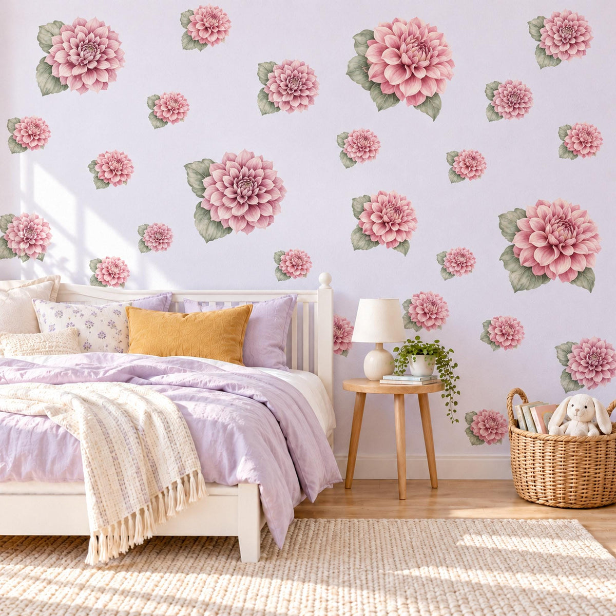 Dahlia Wall Stickers, Floral Nursery Decor, Mauve Flower Wall Decals, Dusty Rose Sage Girls Kids Room Peel and Stick Wall Art