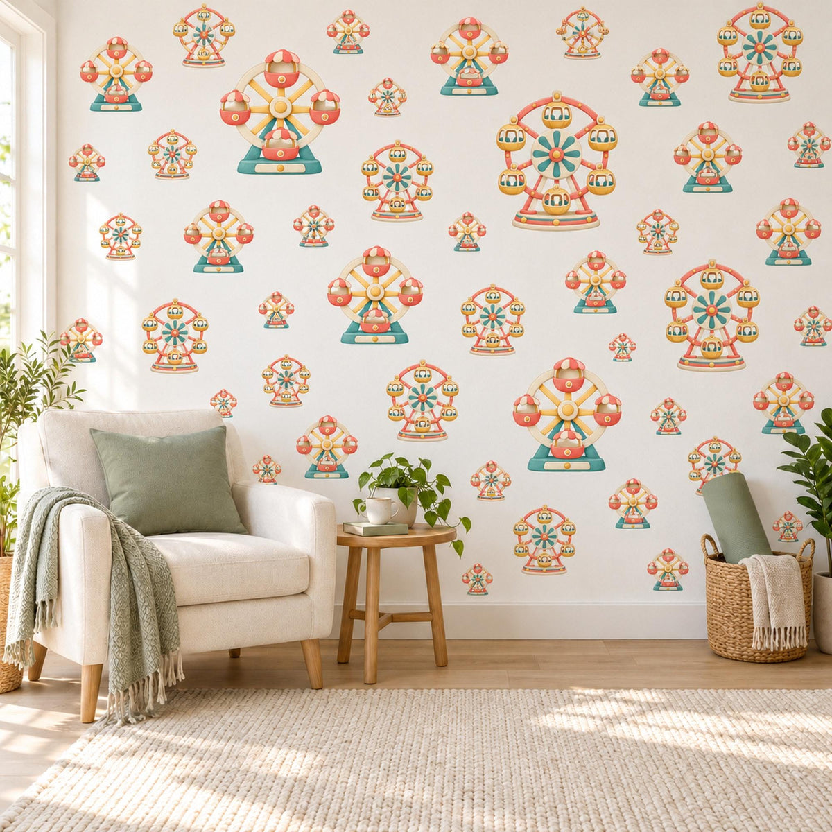 Ferris Wheel Wall Stickers, Funfair Nursery Decor, Toy Carnival Wall Decals, Teal Coral Circus Kids Room Peel and Stick Wall Art
