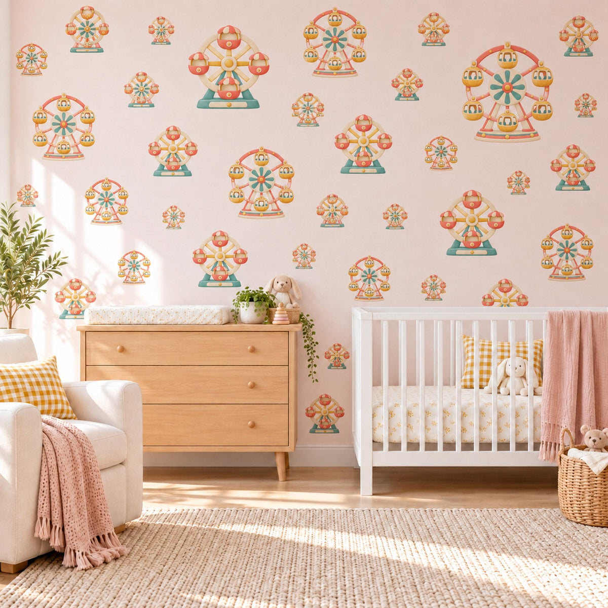 Ferris Wheel Wall Stickers, Funfair Nursery Decor, Toy Carnival Wall Decals, Teal Coral Circus Kids Room Peel and Stick Wall Art