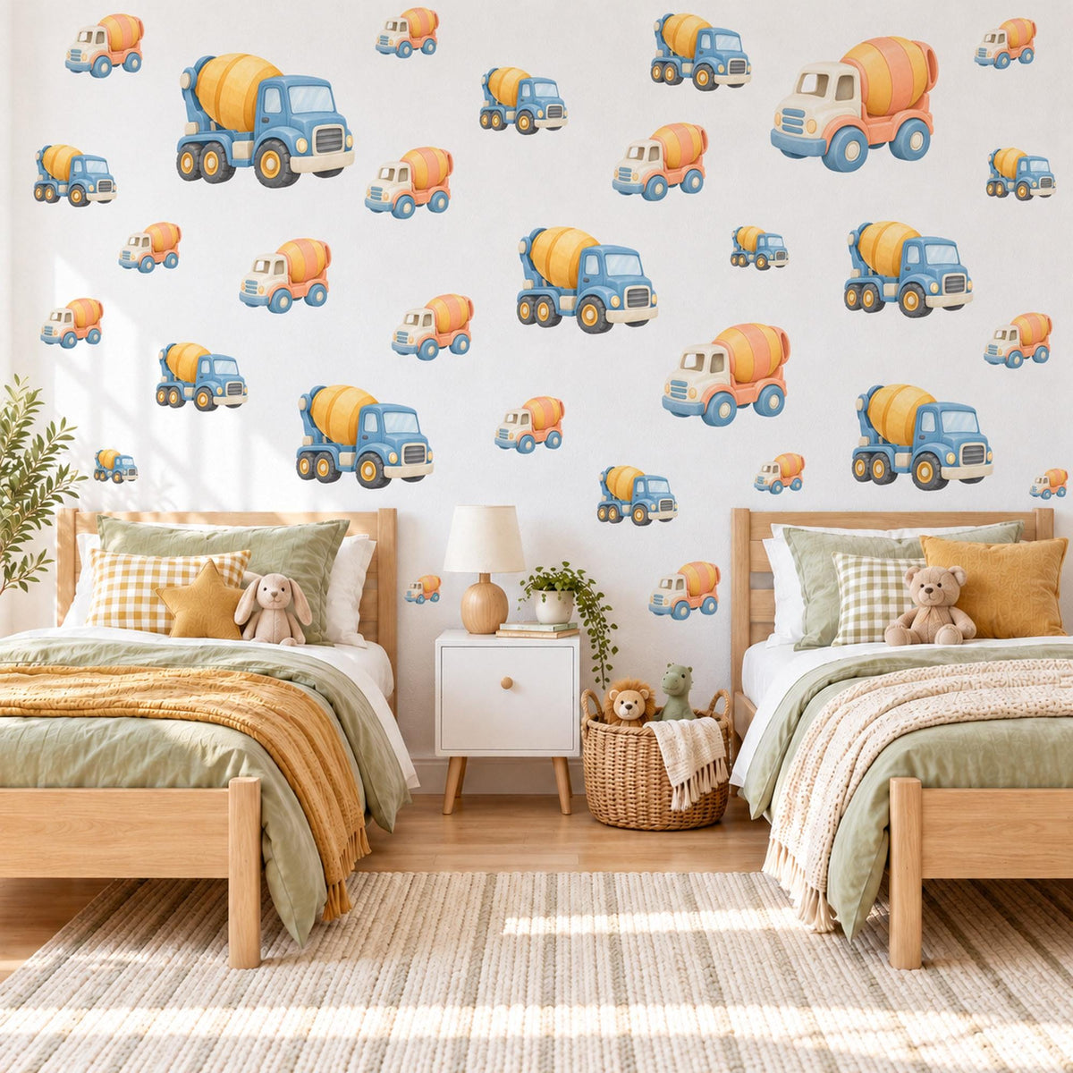Cement Mixer Wall Stickers, Construction Truck Nursery Decor, Digger Vehicle Decals, Dusty Blue Boys Room Peel and Stick Wall Art
