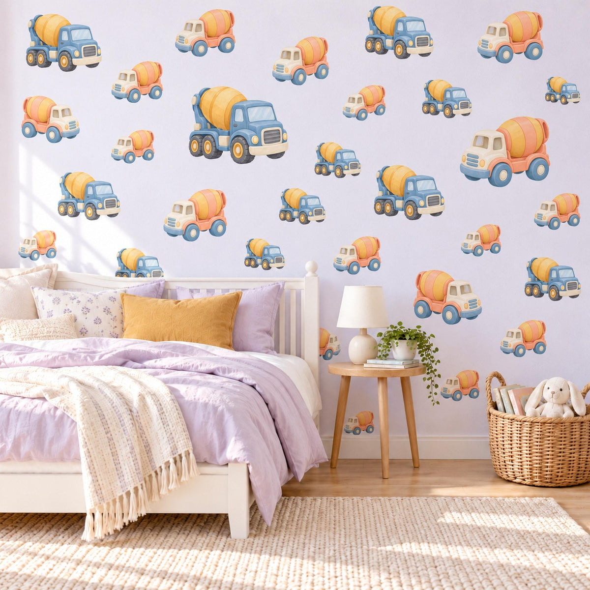 Cement Mixer Wall Stickers, Construction Truck Nursery Decor, Digger Vehicle Decals, Dusty Blue Boys Room Peel and Stick Wall Art