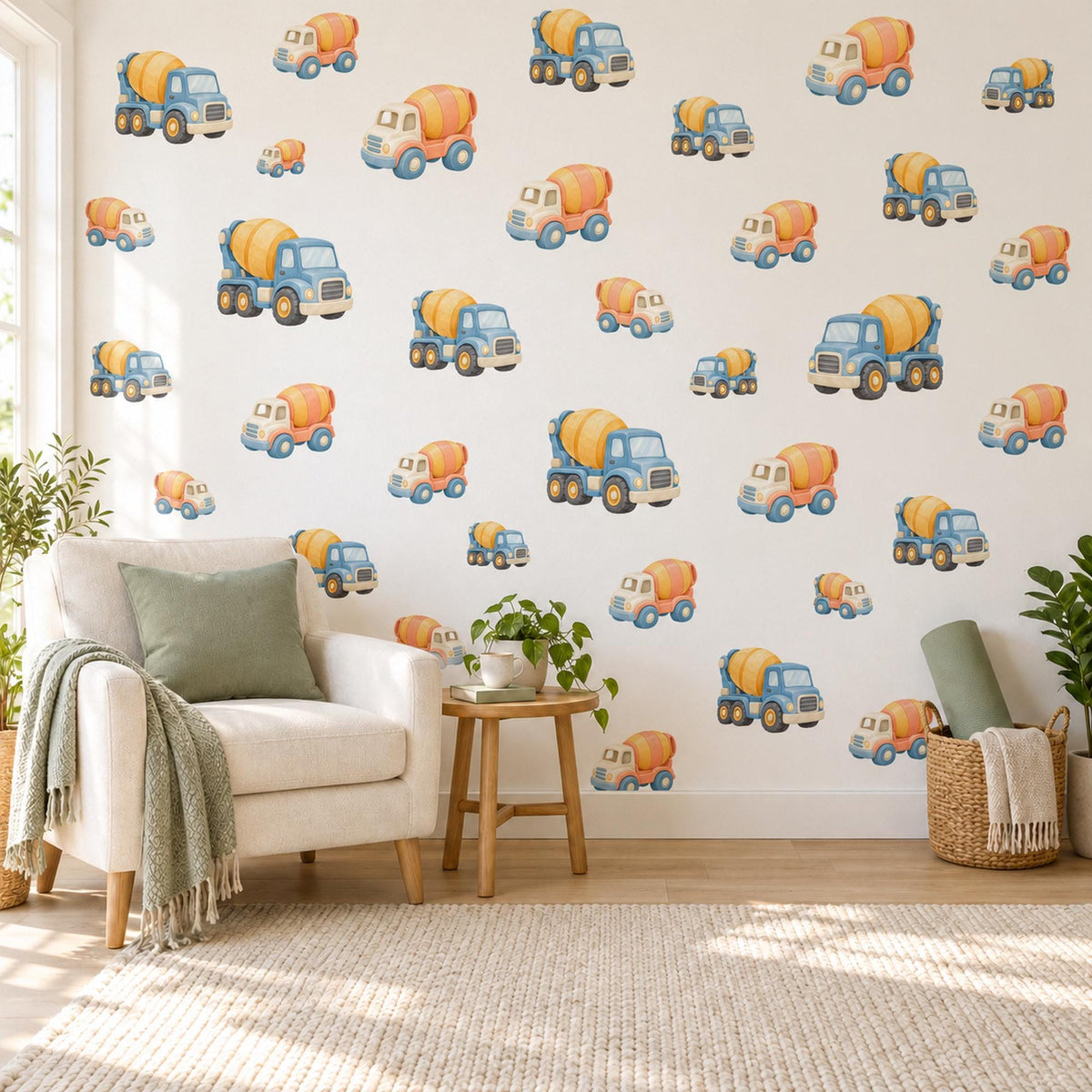 Cement Mixer Wall Stickers, Construction Truck Nursery Decor, Digger Vehicle Decals, Dusty Blue Boys Room Peel and Stick Wall Art