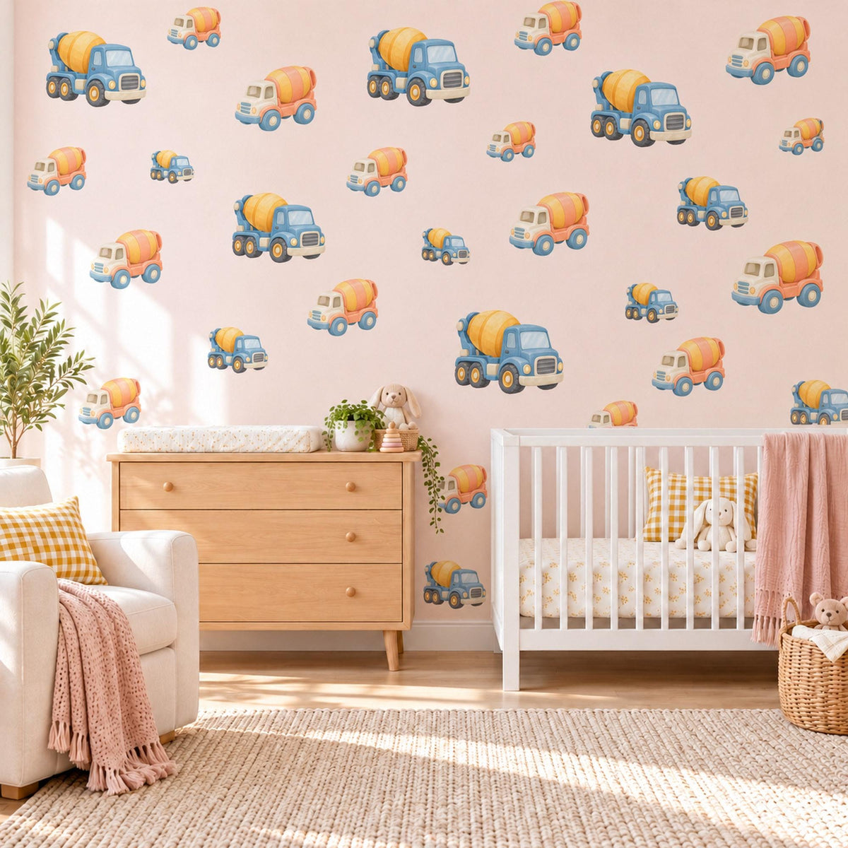 Cement Mixer Wall Stickers, Construction Truck Nursery Decor, Digger Vehicle Decals, Dusty Blue Boys Room Peel and Stick Wall Art