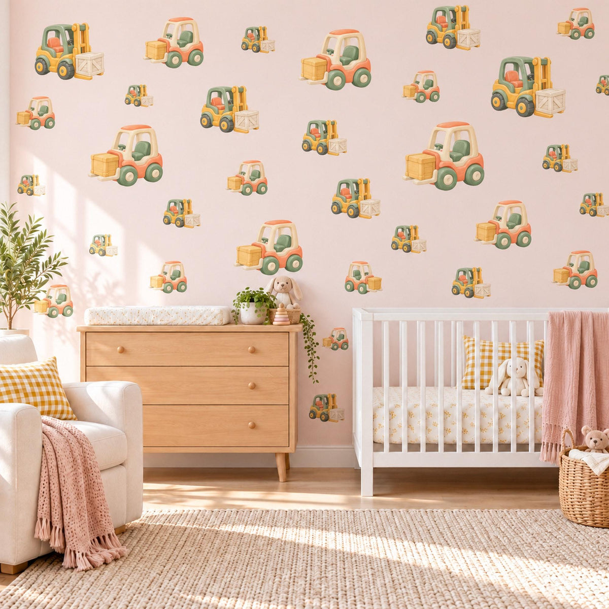 Forklift Wall Stickers, Construction Vehicle Nursery Decor, Toy Truck Wall Decals, Honey Sage Peach Boys Room Peel and Stick Wall Art
