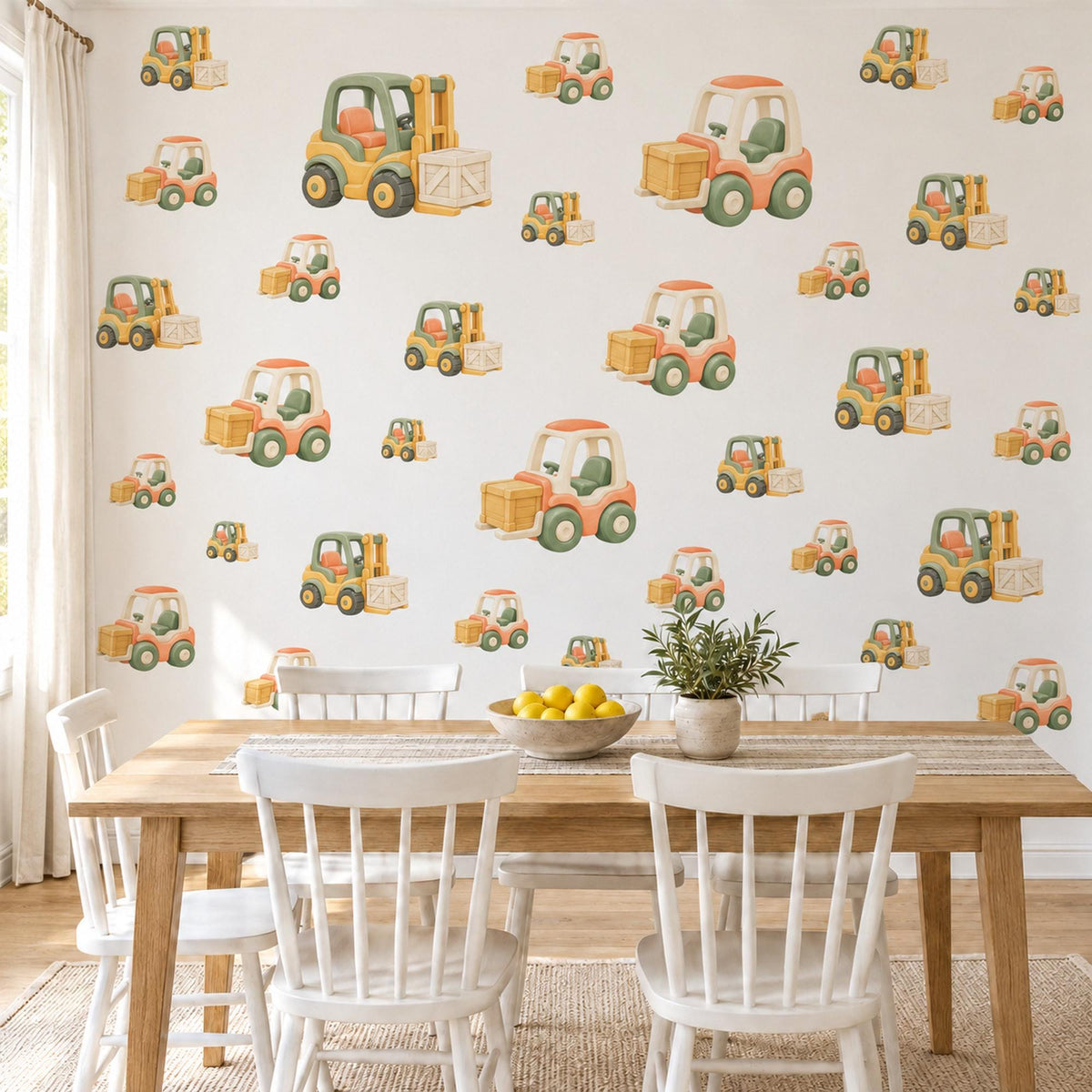 Forklift Wall Stickers, Construction Vehicle Nursery Decor, Toy Truck Wall Decals, Honey Sage Peach Boys Room Peel and Stick Wall Art
