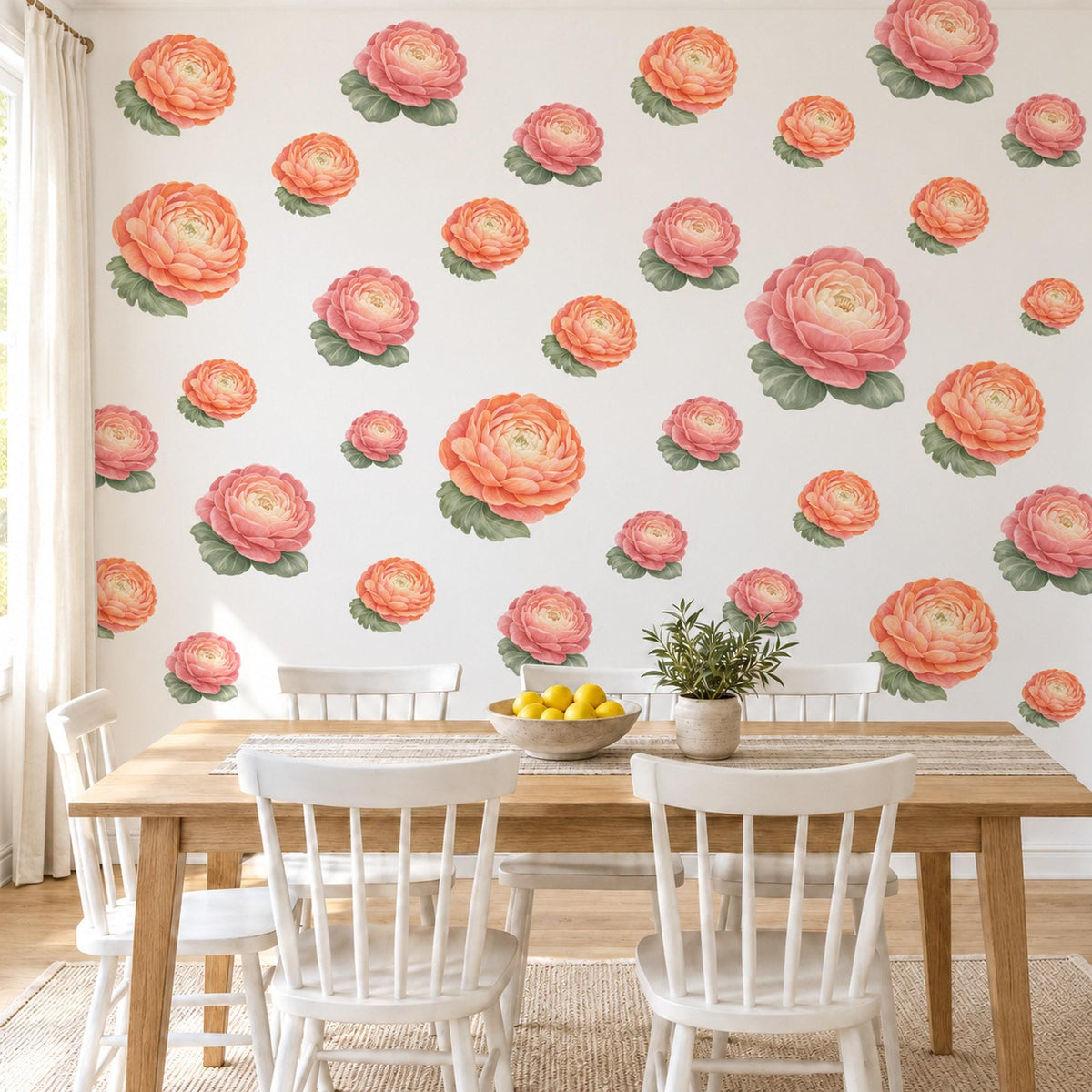 Ranunculus Wall Stickers, Apricot Flower Nursery Decor, Floral Wall Decals, Dusty Rose Sage Girls Kids Room Peel and Stick Wall Art