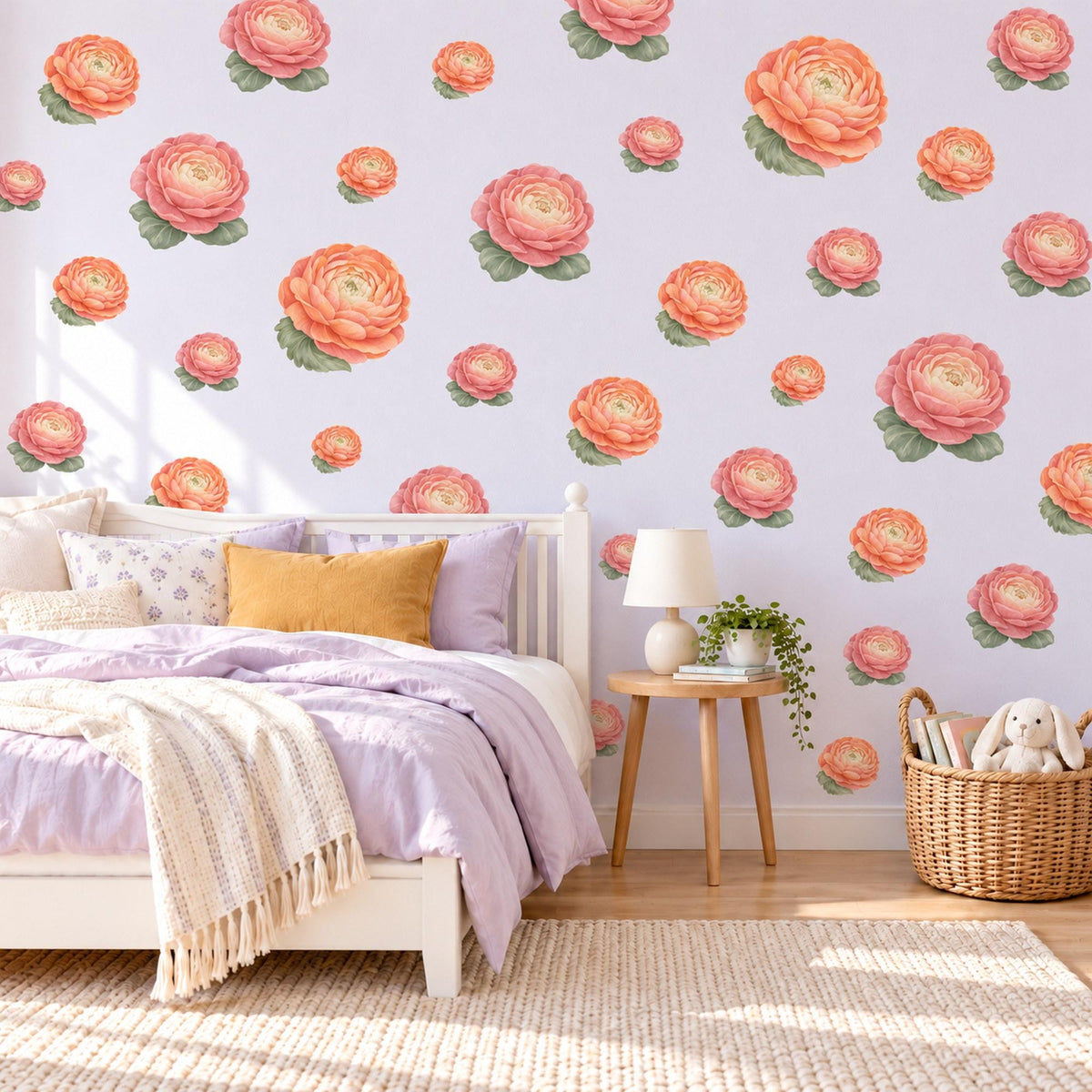 Ranunculus Wall Stickers, Apricot Flower Nursery Decor, Floral Wall Decals, Dusty Rose Sage Girls Kids Room Peel and Stick Wall Art