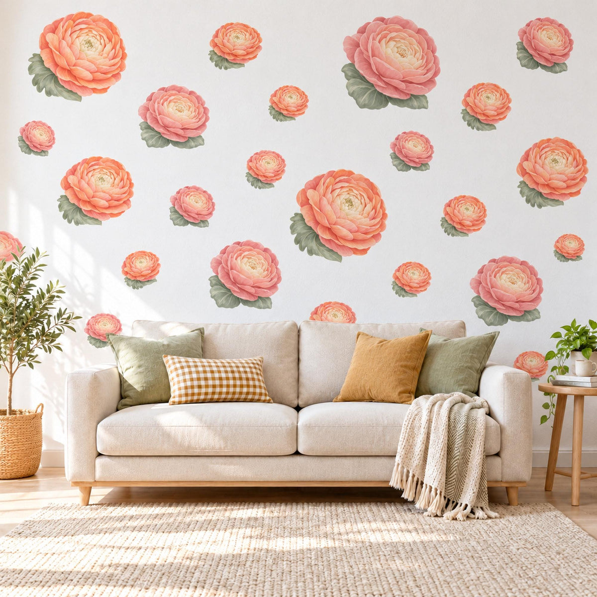 Ranunculus Wall Stickers, Apricot Flower Nursery Decor, Floral Wall Decals, Dusty Rose Sage Girls Kids Room Peel and Stick Wall Art