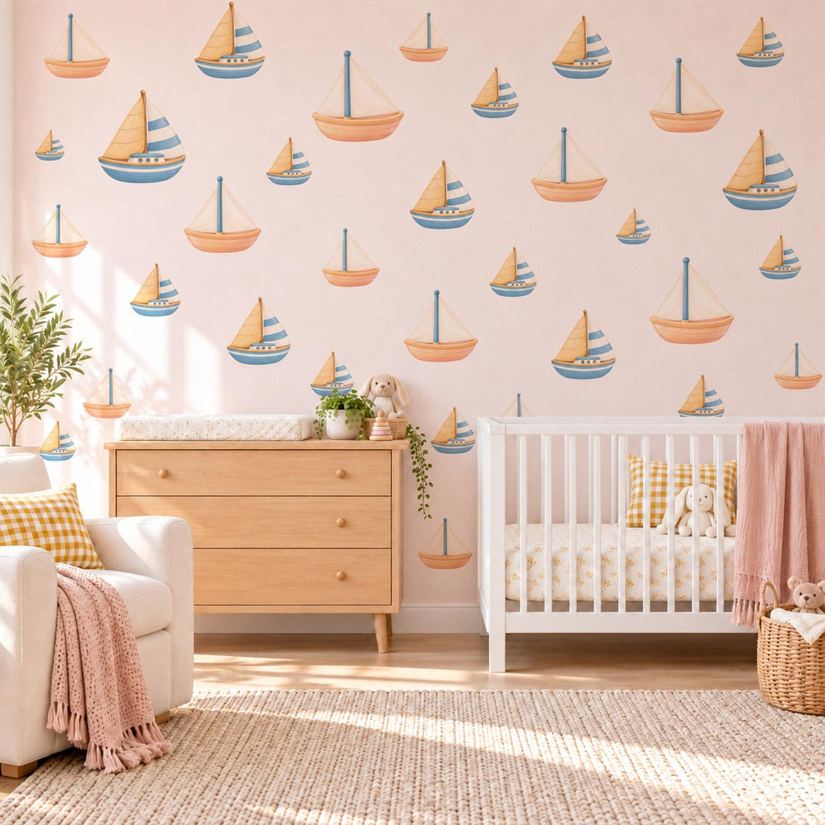 Sailboat Wall Stickers, Toy Boat Nursery Decor, Nautical Wall Decals, Peach Dusty Blue Seaside Kids Room Peel and Stick Wall Art