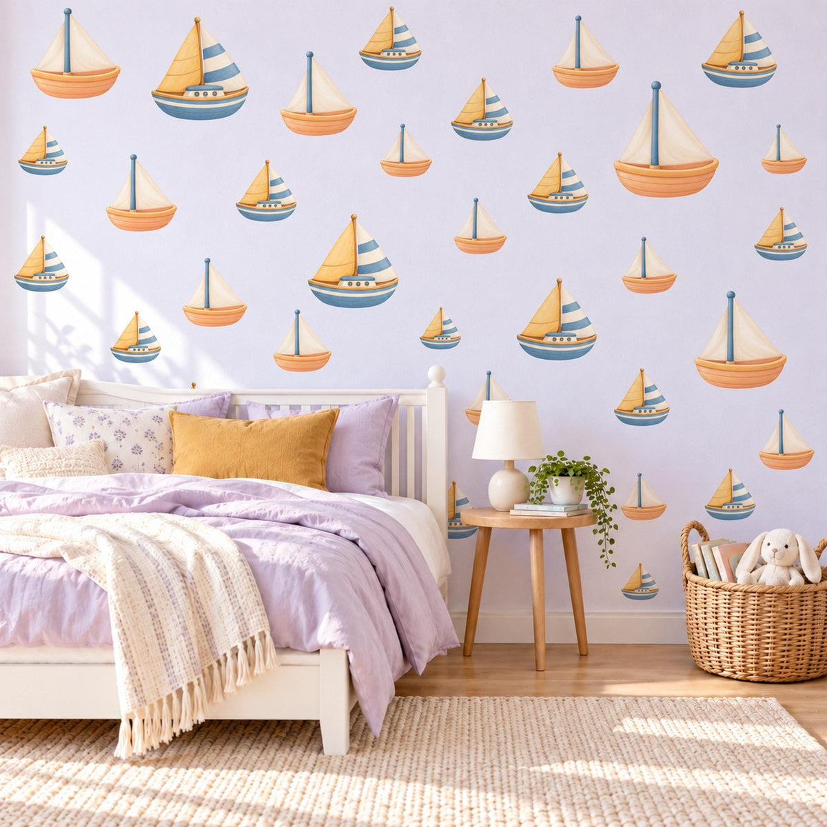 Sailboat Wall Stickers, Toy Boat Nursery Decor, Nautical Wall Decals, Peach Dusty Blue Seaside Kids Room Peel and Stick Wall Art