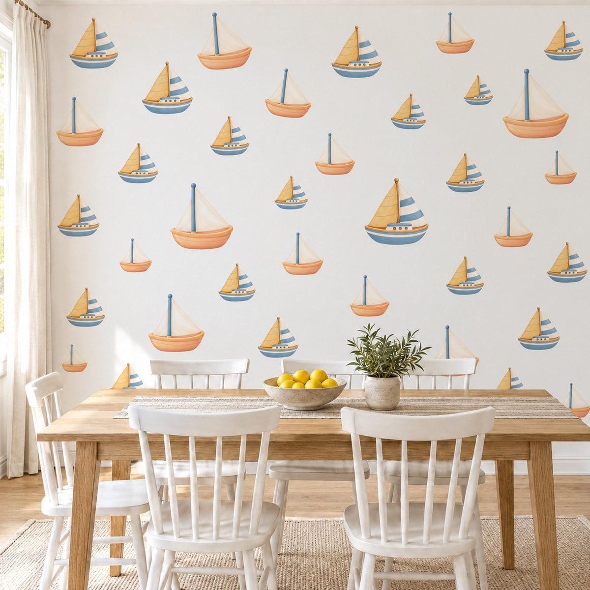 Sailboat Wall Stickers, Toy Boat Nursery Decor, Nautical Wall Decals, Peach Dusty Blue Seaside Kids Room Peel and Stick Wall Art