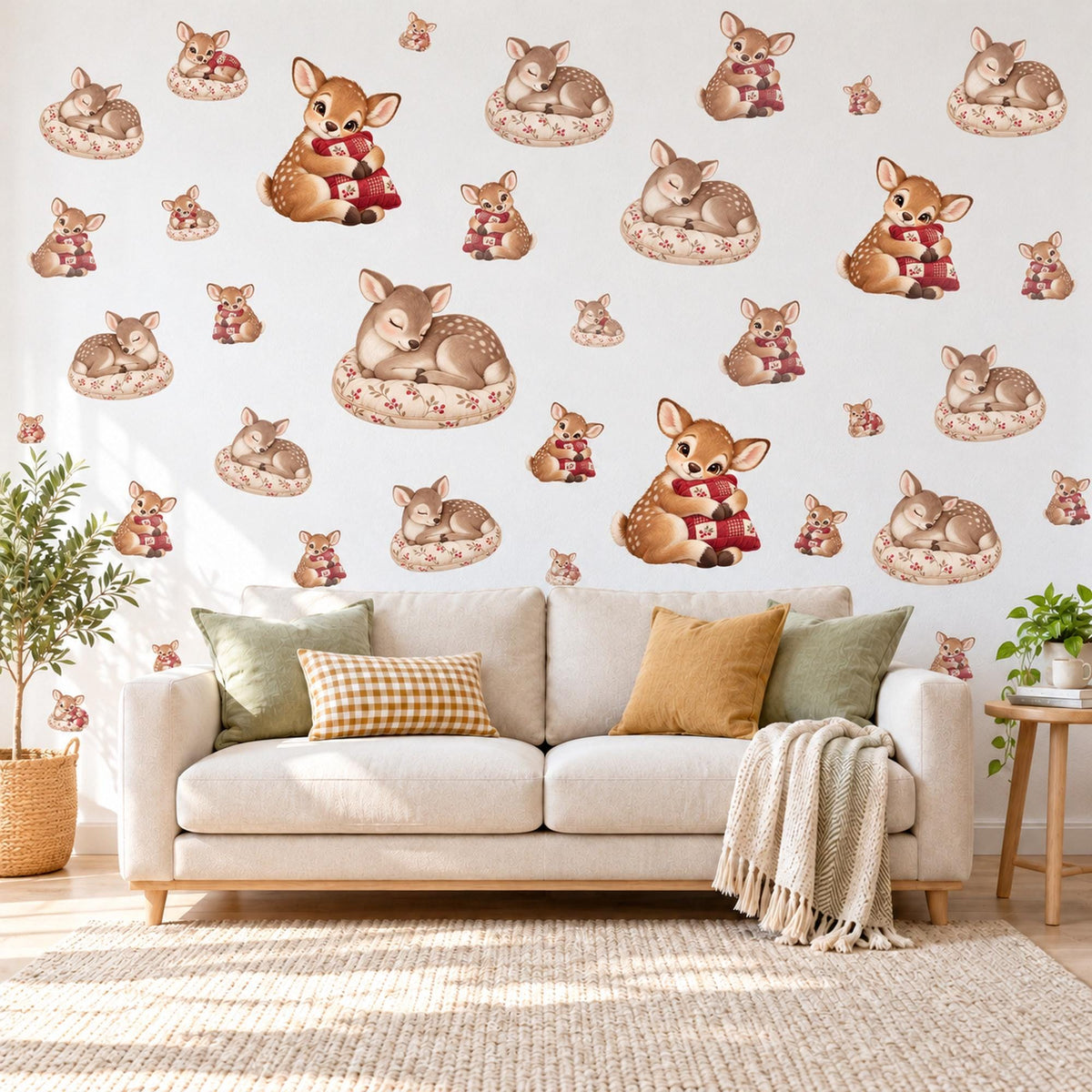 Reindeer Wall Stickers, Baby Reindeer Christmas Nursery Decor, Winter Animal Decals, Taupe Cranberry Kids Room Peel and Stick Wall Art