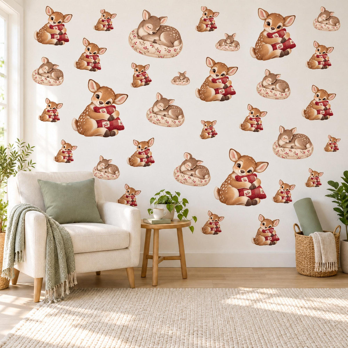 Reindeer Wall Stickers, Baby Reindeer Christmas Nursery Decor, Winter Animal Decals, Taupe Cranberry Kids Room Peel and Stick Wall Art