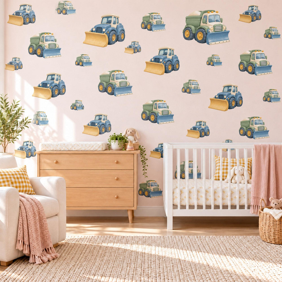 Snow Plough Wall Stickers, Winter Truck Nursery Decor, Vehicle Wall Decals, Dusty Blue Honey Sage Boys Room Peel and Stick Wall Art