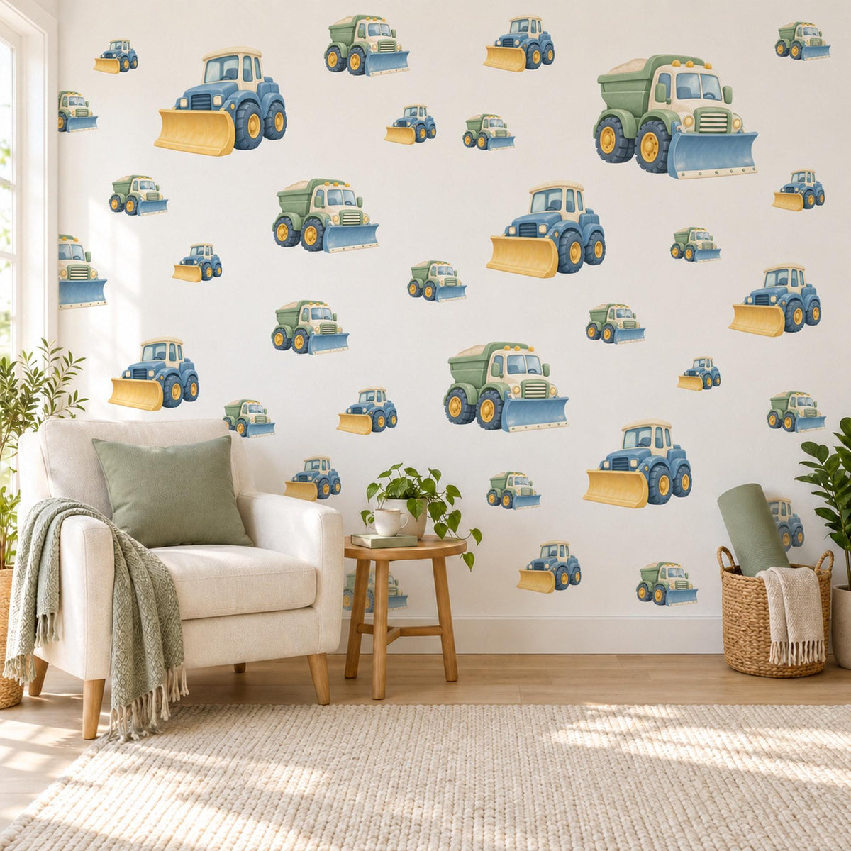 Snow Plough Wall Stickers, Winter Truck Nursery Decor, Vehicle Wall Decals, Dusty Blue Honey Sage Boys Room Peel and Stick Wall Art