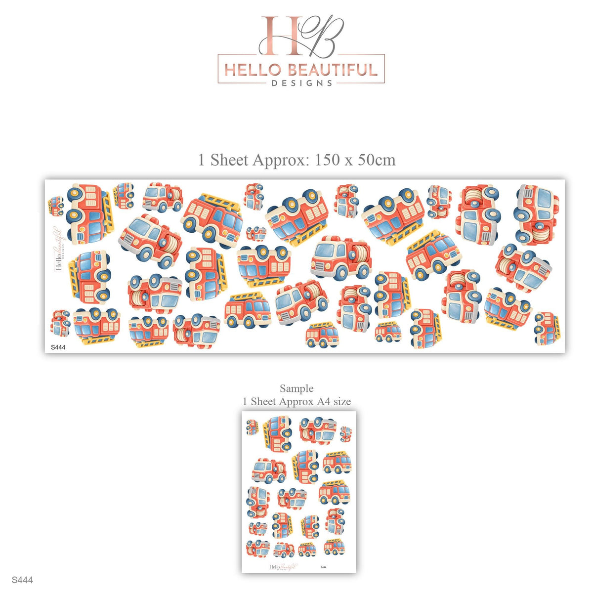 Fire Engine Wall Stickers, Fire Truck Nursery Decor, Vehicle Wall Decals, Coral Dusty Blue Honey Boys Room Peel and Stick Wall Art